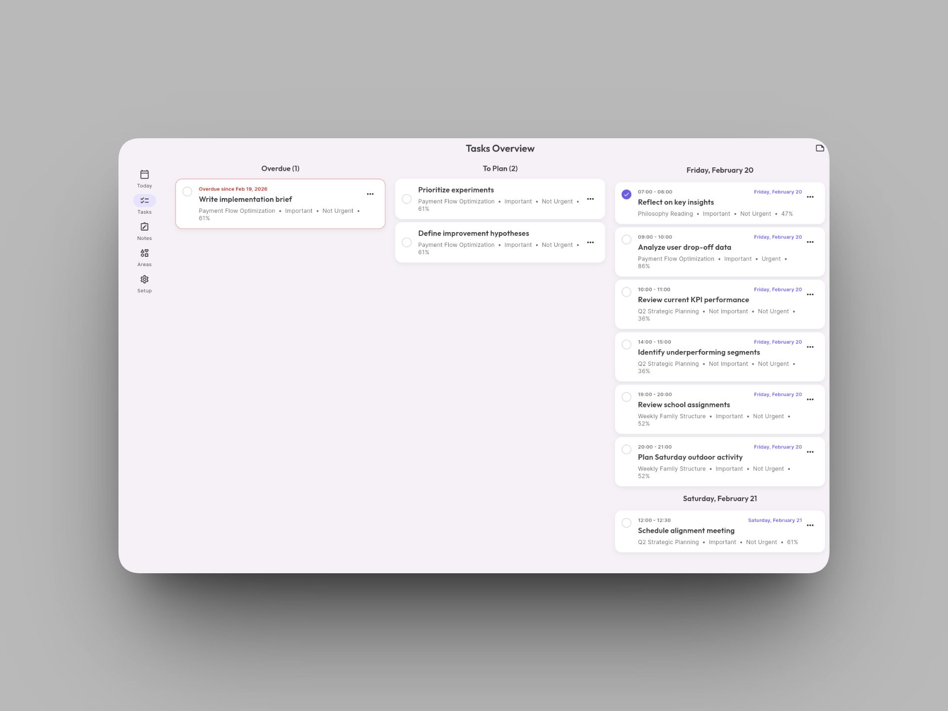 Time Sage tasks overview showing planning by area and priorities